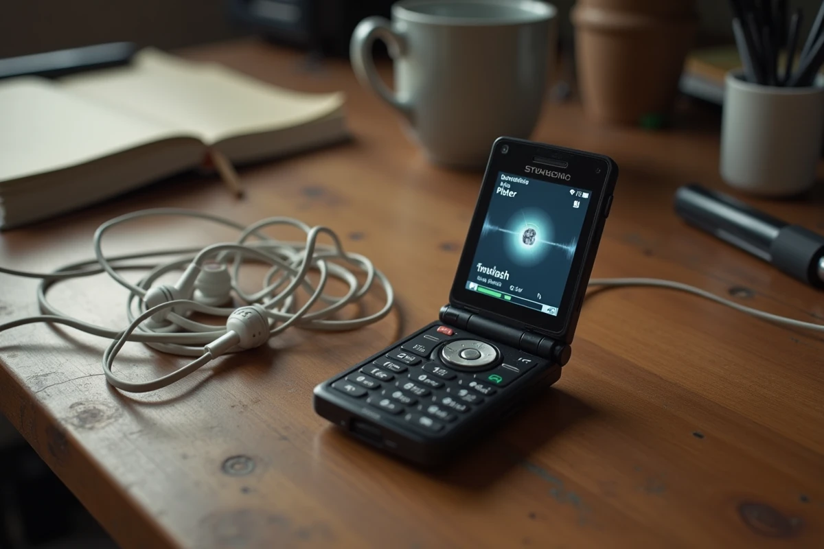 Ancien Sony Ericsson posé sur un bureau en bois avec des écouteurs filaires, affichant une interface de lecteur MP3 personnalisé