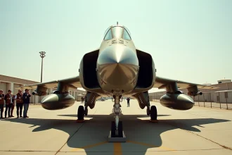 Spotters photographiant un F-4 Phantom II sur le tarmac d'une base aérienne historique, vue en contre-plongée