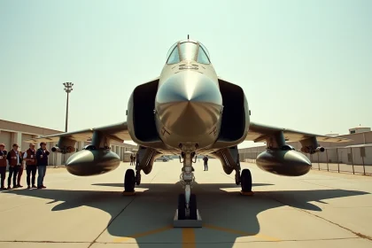 Spotters photographiant un F-4 Phantom II sur le tarmac d'une base aérienne historique, vue en contre-plongée