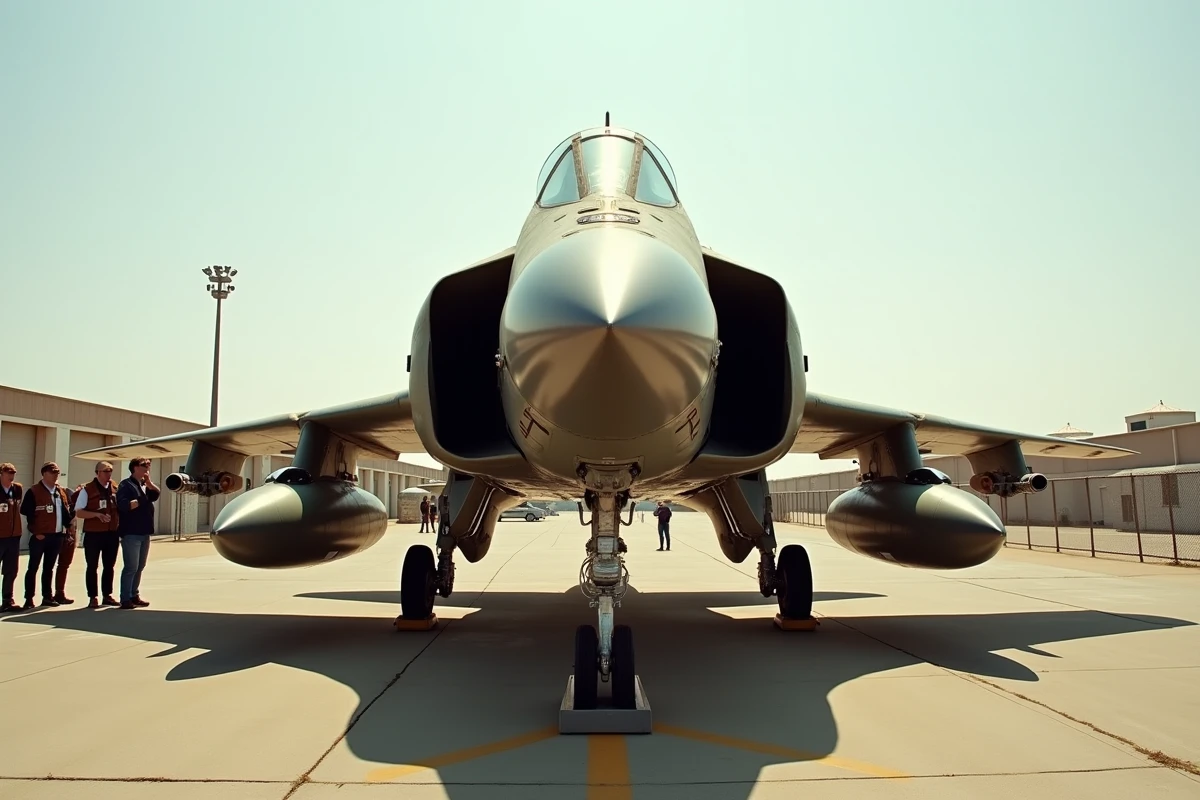 Spotters photographiant un F-4 Phantom II sur le tarmac d'une base aérienne historique, vue en contre-plongée