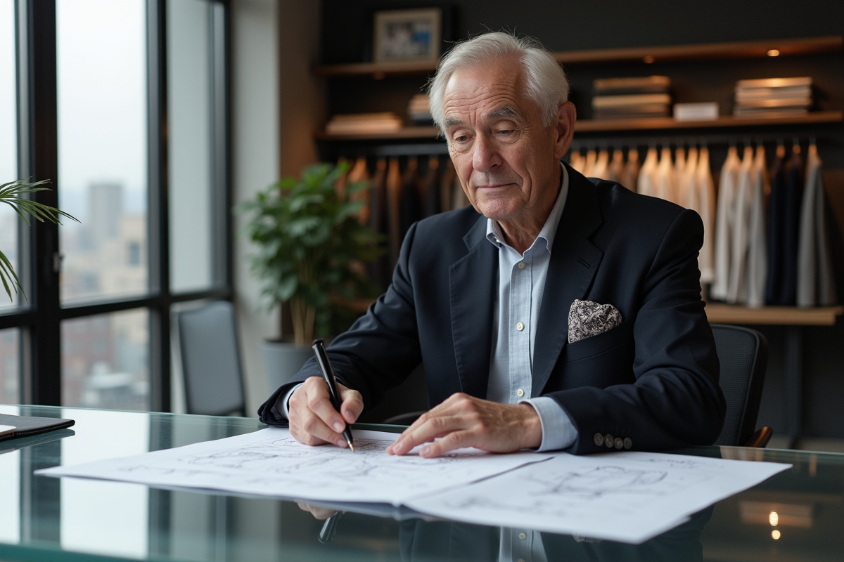 Homme âgé dans un studio de mode moderne avec croquis et tissus