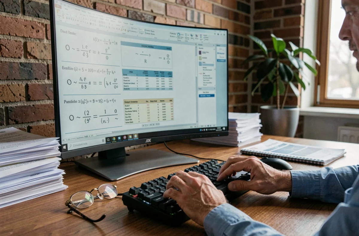 Professeur travaillant sur un document scientifique affichant des symboles environ et approximativement égal sur écran dans un bureau à domicile