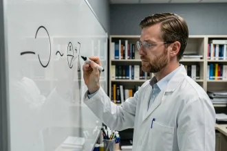 Scientifique écrivant le symbole environ (≈) sur un tableau en verre dans un laboratoire universitaire moderne