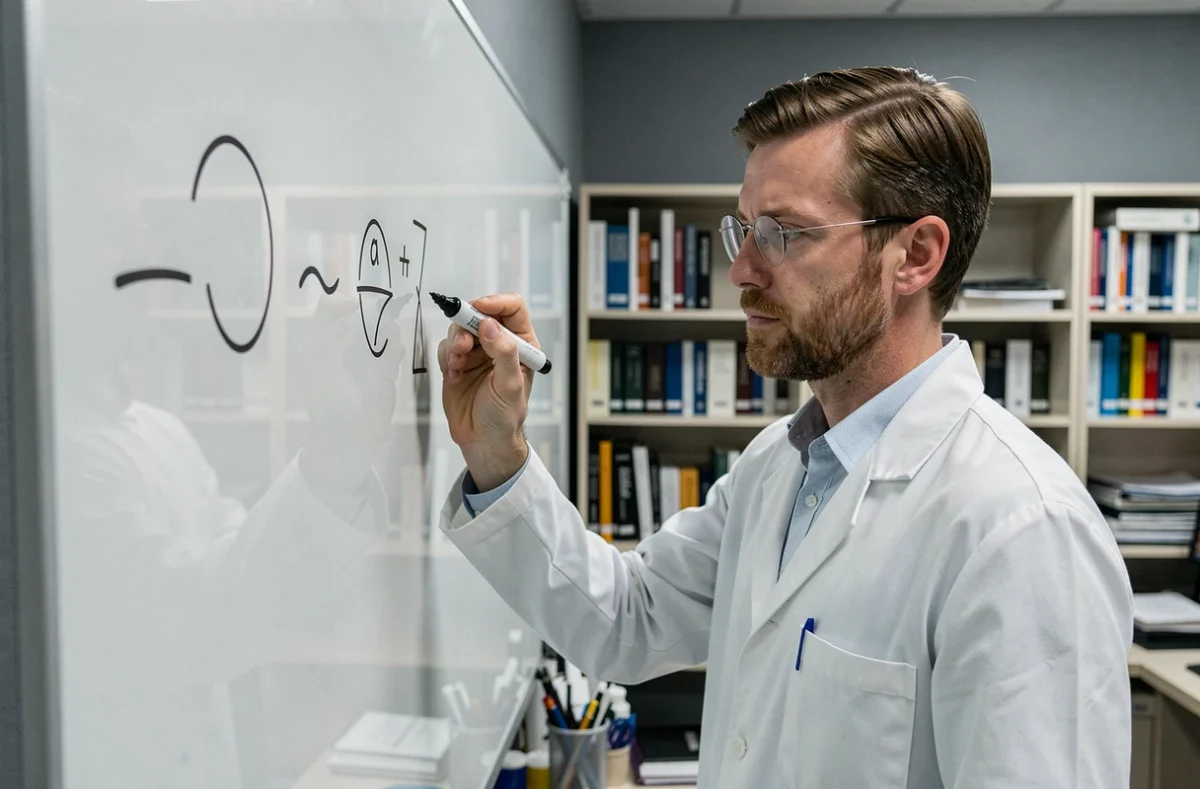 Scientifique écrivant le symbole environ (≈) sur un tableau en verre dans un laboratoire universitaire moderne