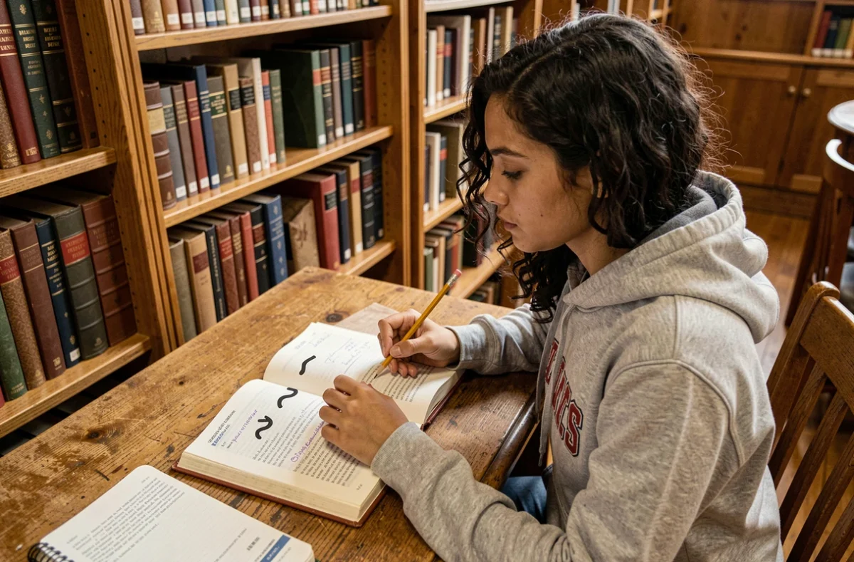 Étudiante annotant un manuel de statistiques avec les symboles mathématiques environ et tilde dans une bibliothèque universitaire