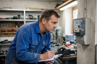 Technicien en overalls bleu vérifiant un compteur d énergie