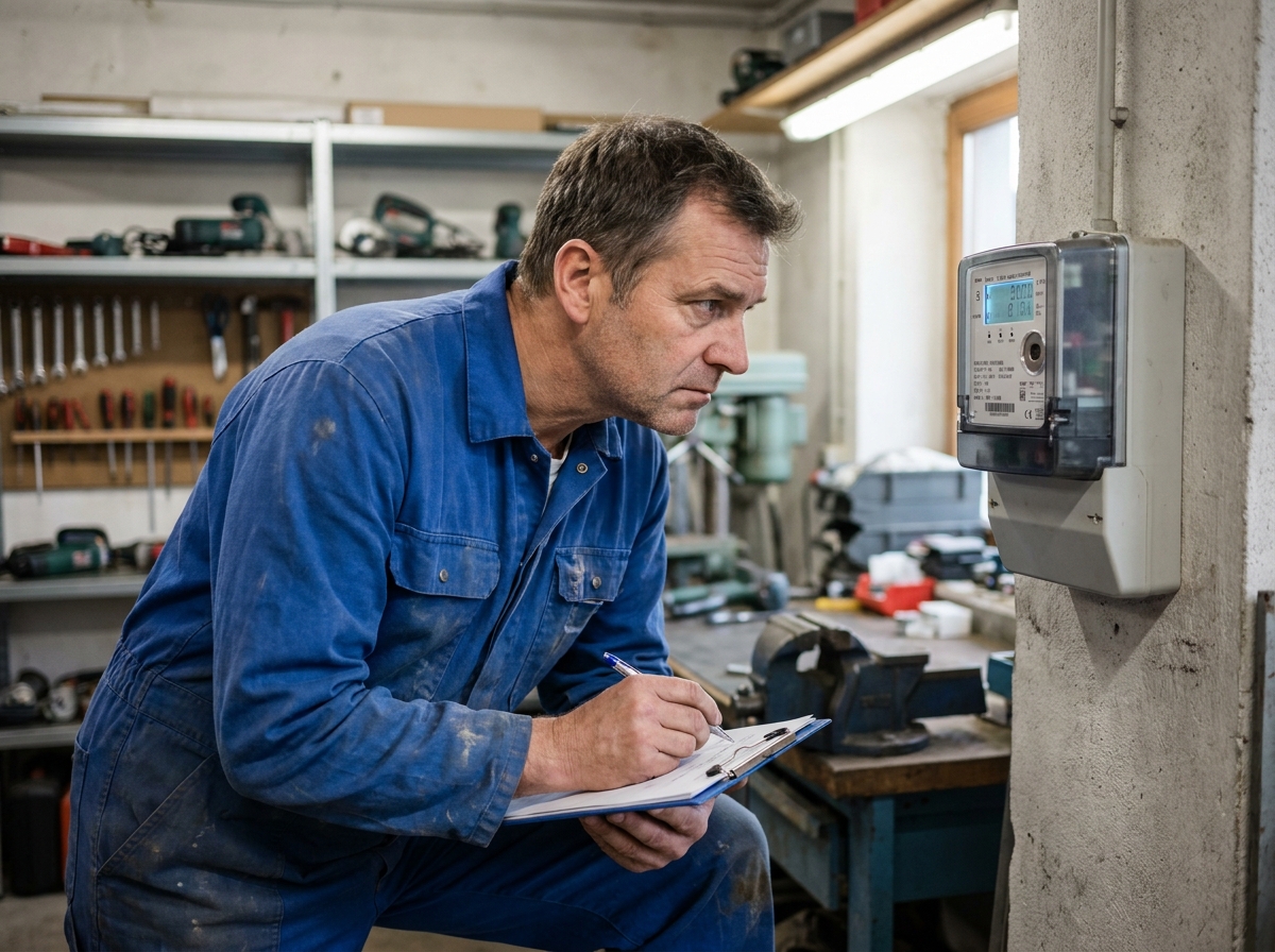 Technicien en overalls bleu vérifiant un compteur d énergie