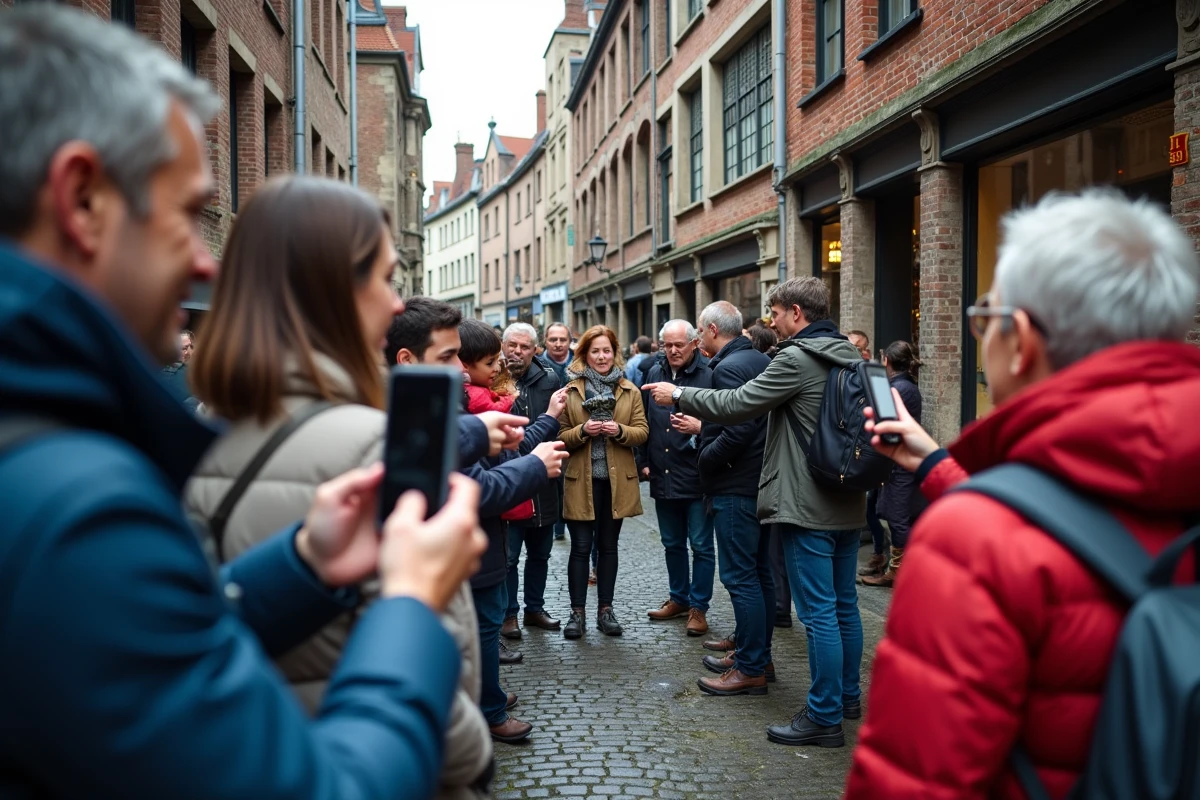 Touristes photographiant le Manneken Pis dans une ruelle pavée du centre historique de Bruxelles