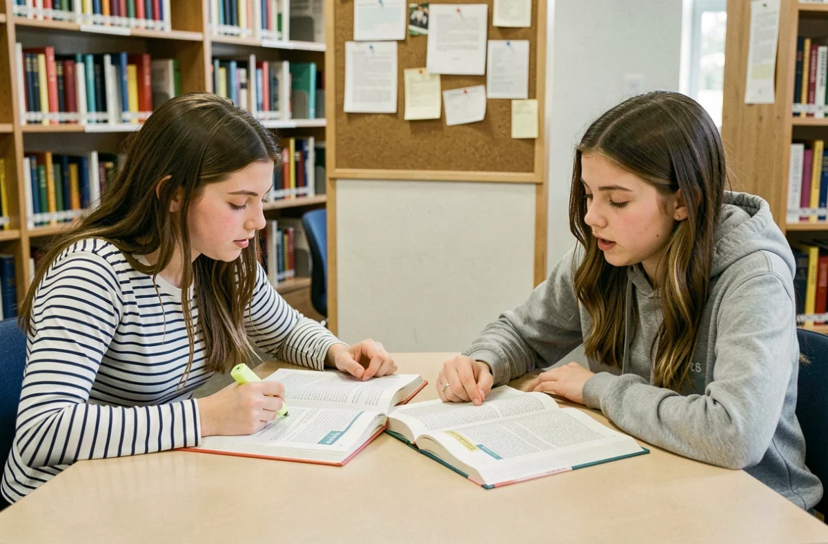 Deux adolescentes étudiant ensemble une règle de grammaire française dans une bibliothèque scolaire