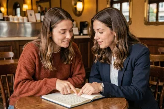 Deux femmes discutant ensemble d'une règle grammaticale française dans un café parisien, penchées sur un cahier ouvert