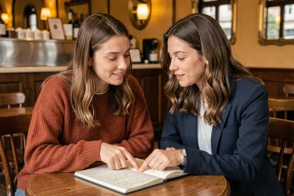 Deux femmes discutant ensemble d'une règle grammaticale française dans un café parisien, penchées sur un cahier ouvert
