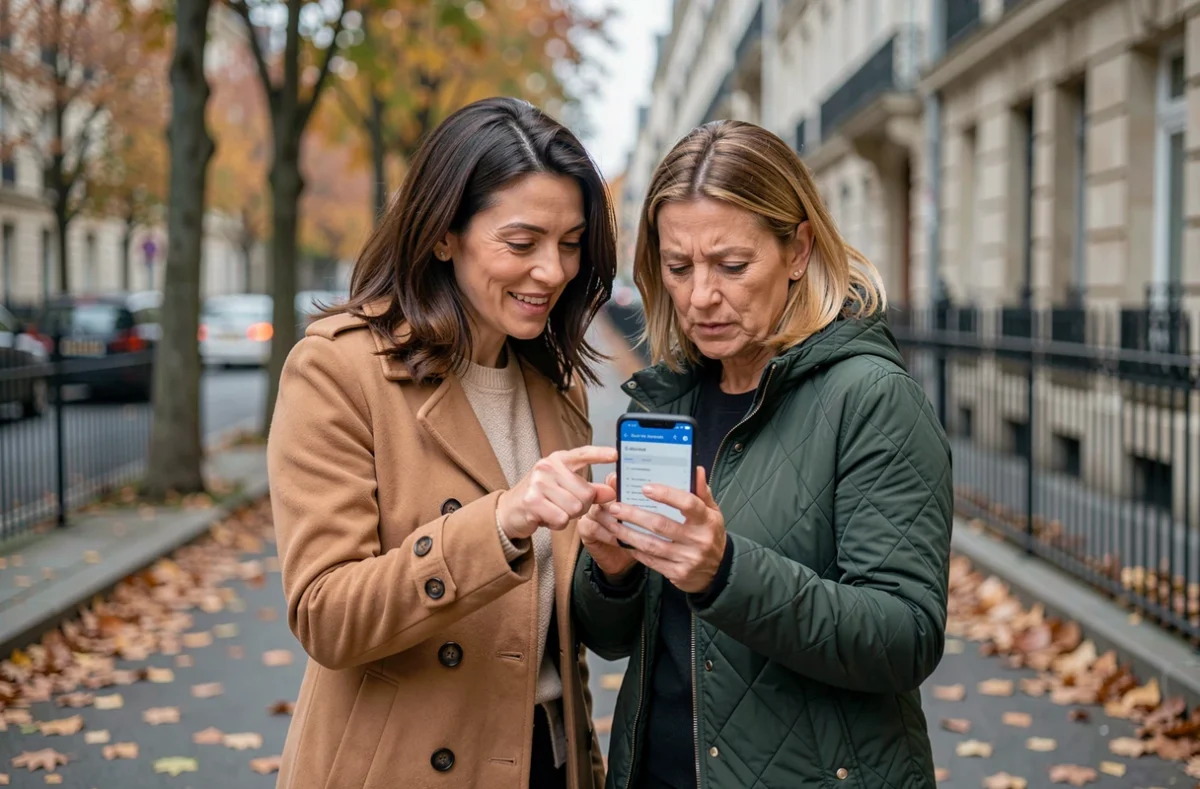 Deux femmes consultant ensemble une application de correction grammaticale sur smartphone dans une rue parisienne en automne