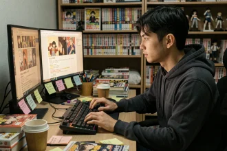 Jeune traducteur de manga travaillant sur la scène scantrad VF devant ses écrans avec des volumes manga empilés sur son bureau