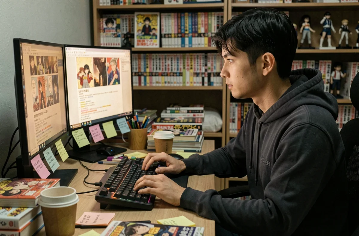 Jeune traducteur de manga travaillant sur la scène scantrad VF devant ses écrans avec des volumes manga empilés sur son bureau