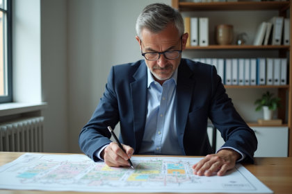 Urbaniste homme étudie une carte de zonage en intérieur
