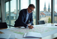 Urbaniste étudiant une carte de zonage urbaine en intérieur