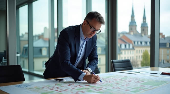 Urbaniste étudiant une carte de zonage urbaine en intérieur
