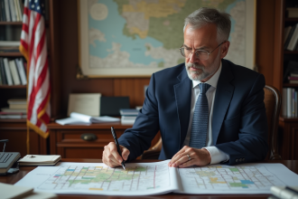 Urbaniste en costume bleu examinant des plans de ville