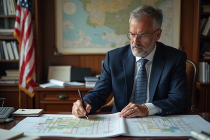 Urbaniste en costume bleu examinant des plans de ville