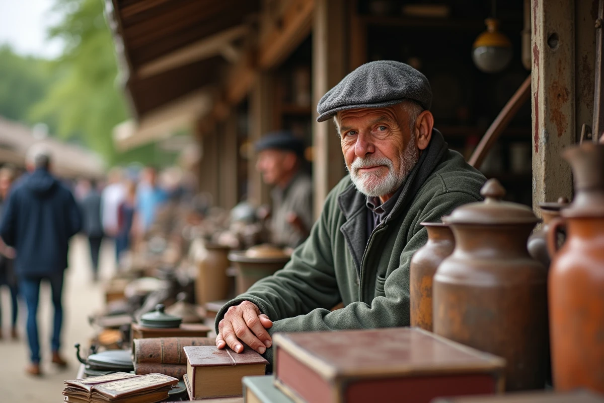 Vendeur âgé assis derrière son étal de brocante en Aveyron, entouré de cartes postales anciennes, boîtes en fer et livres d'occasion