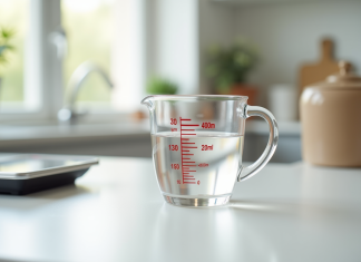 Comment traduire 400 ml en grammes : explications claires Verre mesureur rempli à 400 ml sur plan de travail lumineux