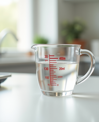 Verre mesureur rempli à 400 ml sur plan de travail lumineux
