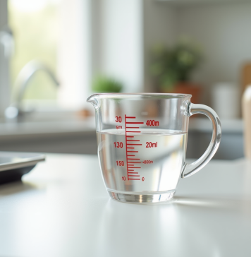 Verre mesureur rempli à 400 ml sur plan de travail lumineux