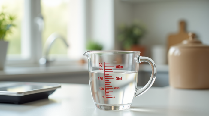 Verre mesureur rempli à 400 ml sur plan de travail lumineux