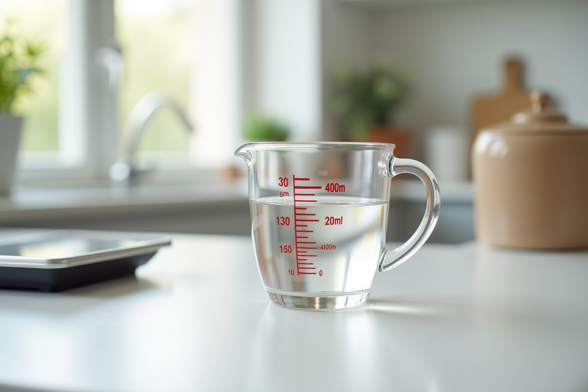 Verre mesureur rempli à 400 ml sur plan de travail lumineux
