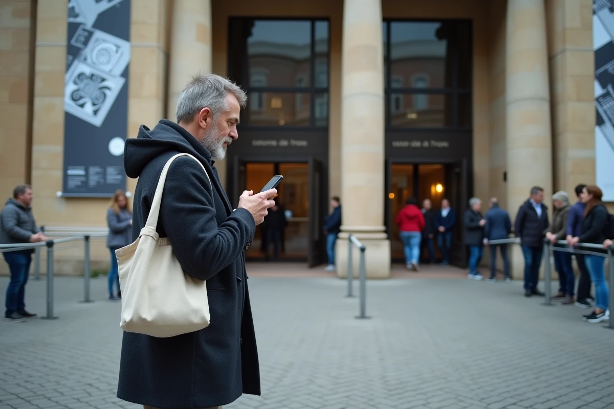 Visiteur vérifiant sa réservation de billet sur smartphone devant l'entrée de l'exposition Escher à Toulouse