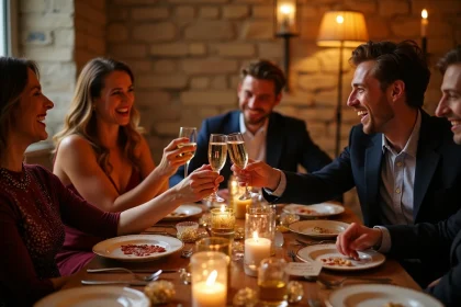 Groupe d'amis élégants portant un toast avec humour au réveillon du Nouvel An autour d'une table parisienne décorée de confettis et de vœux piquants manuscrits