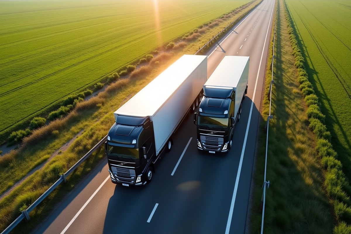 Deux camions de 44 tonnes vus du dessus sur une route avec champs verts en arrière-plan