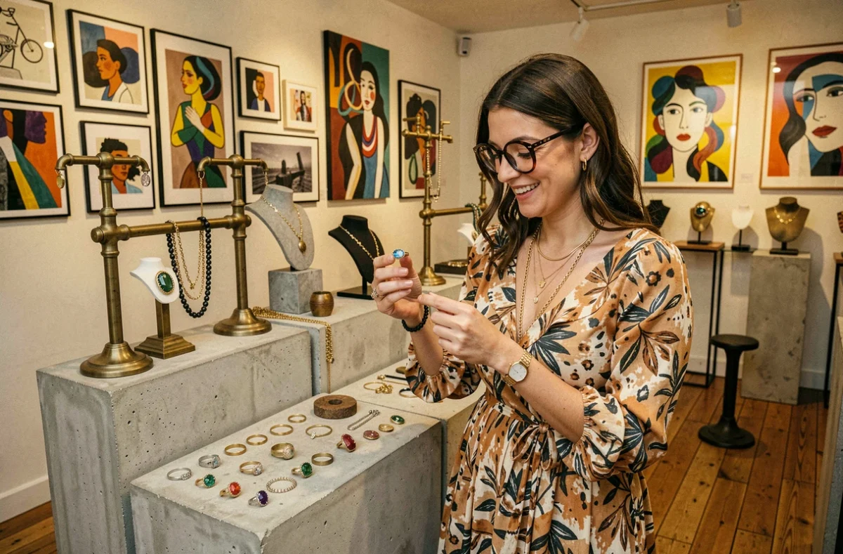 Intérieur de la boutique White Bird à Paris, présentoirs en laiton et béton avec bijoux de créateurs indépendants, cliente admirant une bague sculptée