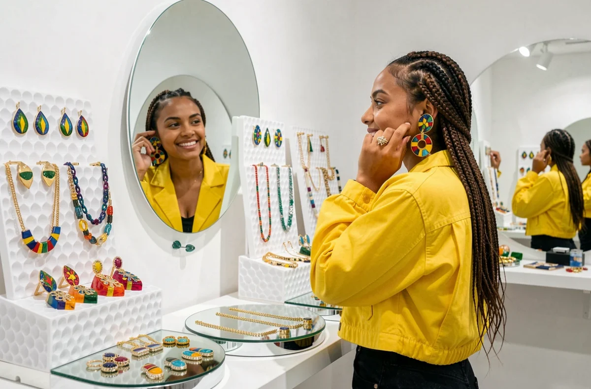 Jeune femme essayant des boucles d'oreilles colorées en émail dans la boutique ZAG Bijoux à Paris, présentoirs blancs et miroirs circulaires en décor